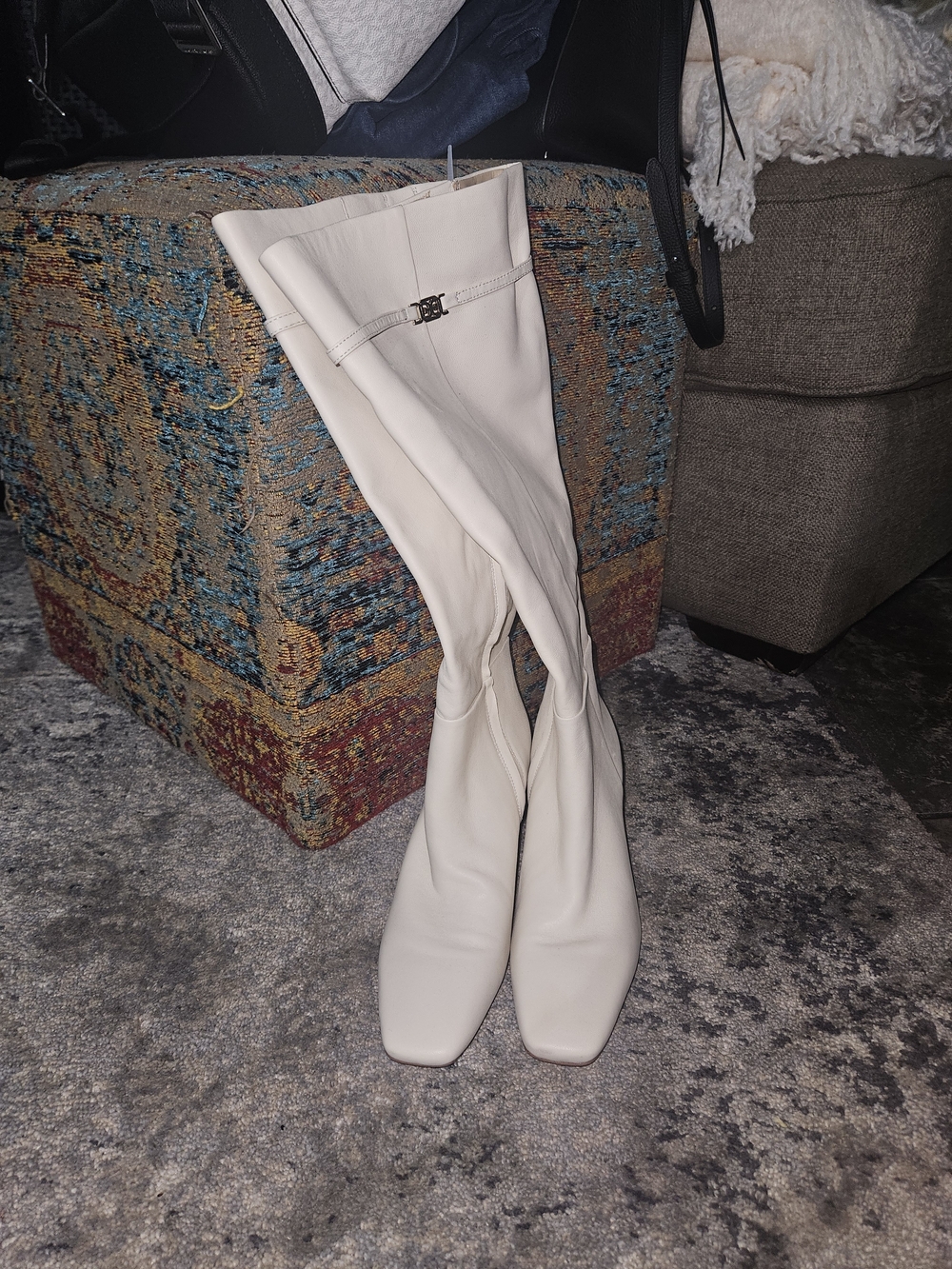 Sam Edelman Ivory Knee-High Square-Toe Heeled Boots